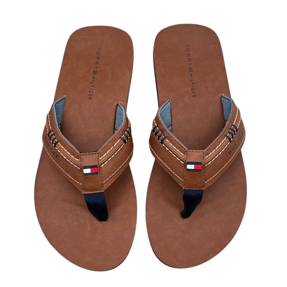 Tommy Hilfiger Mens Destino Thong Sandal Size 11 Brown Faux Leather Flexible